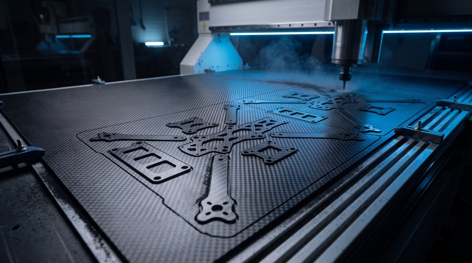 Nested drone frame components CNC-cut from carbon fiber sheet